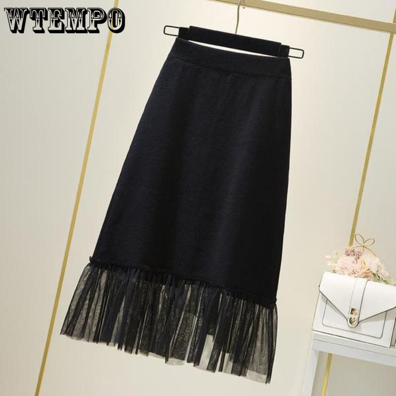 Elegant Black Single Row Button Elastic High Waist A Line Knitted Half-body Skirt Female Irregular Hem Mesh Splicing Package Hip Skirt