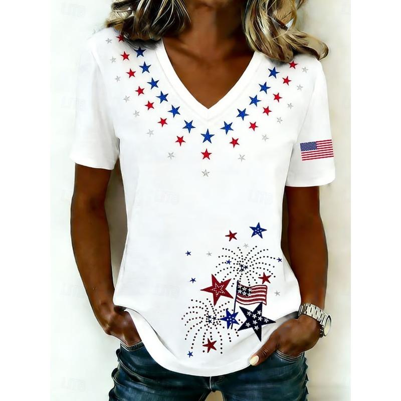 Women's T Shirt Print Graphic Flag Vintage Stylish Classic Short Sleeve V Neck Long Tops Summer Spring