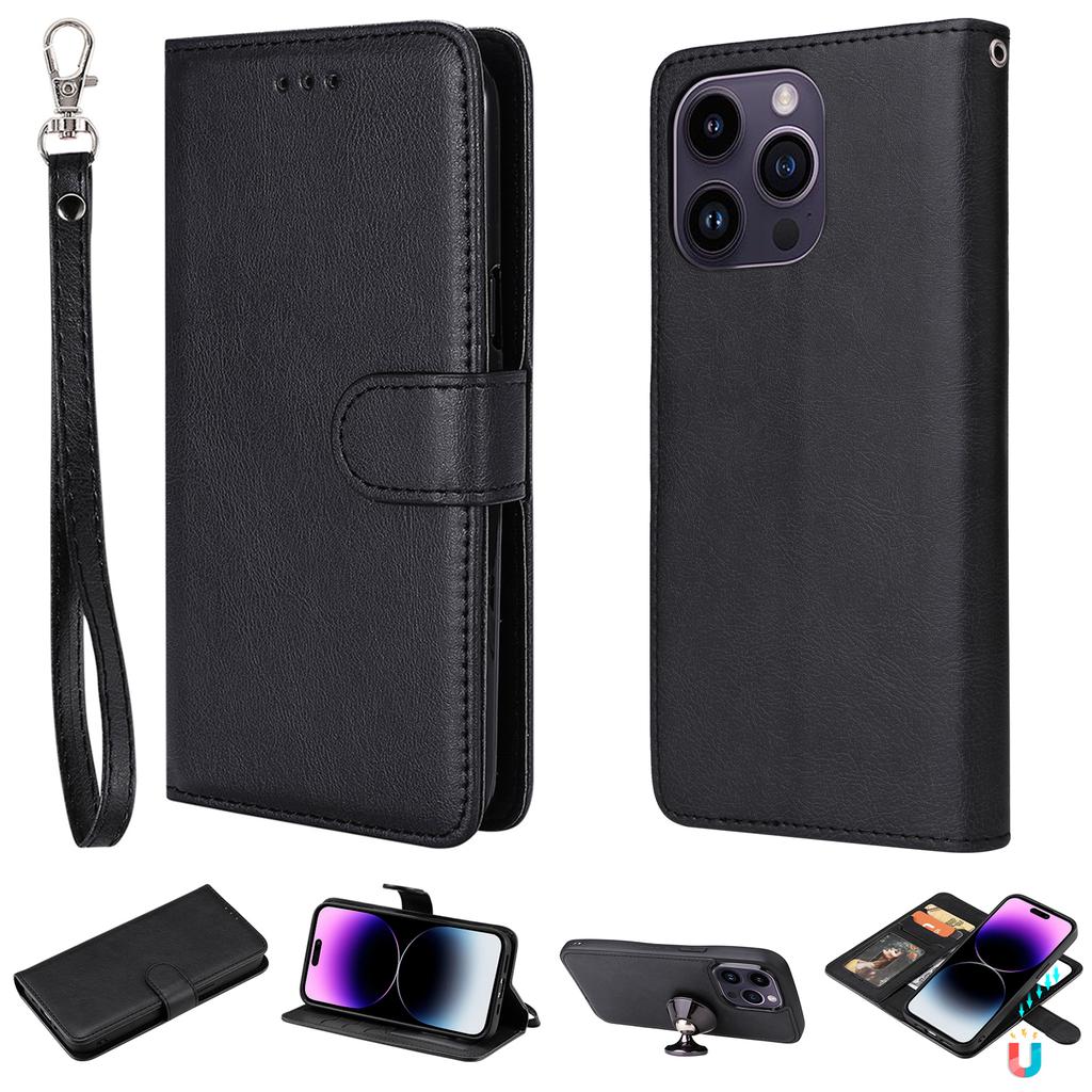 For iPhone 15 Pro Max Case 2 in 1 Detachable Magnetic Leather Wallet Mobile Cover with Strap
