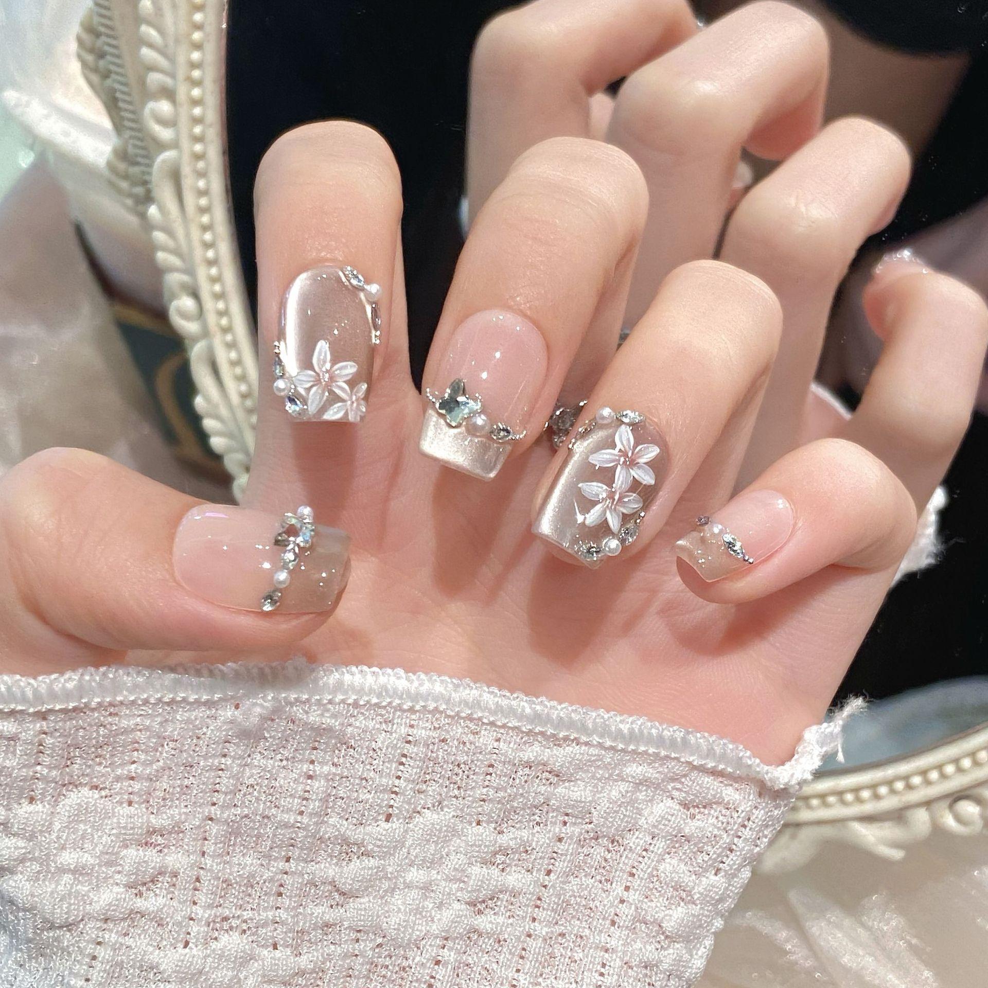 10pcs Handmade Pink Acrylic Nail Sticker 3D Flower Press Nails Cat Eye Coffin Almond French Long Tips Stiletto Butterfly xs