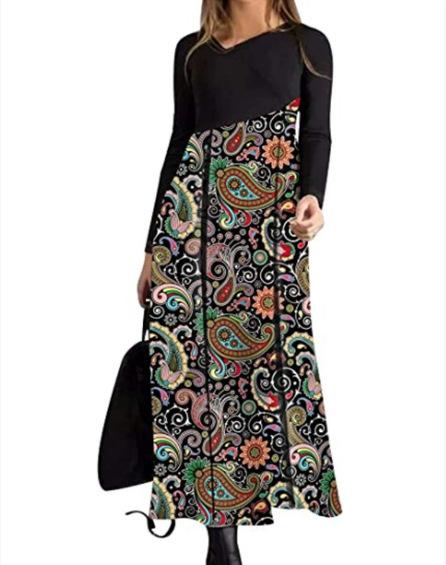 Women Color Block Floral Print Long Sleeve Maxi Dress Casual Loose A Line Long Dress S-XXXL