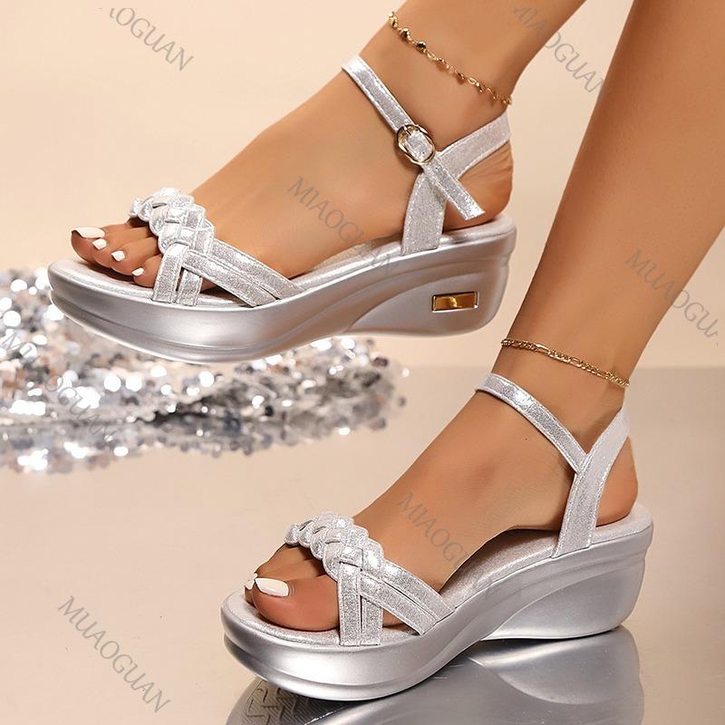 Fashion Fashion Weaving Platform Sandals for Women Gold Silver Wedge Sandals Woman Summer 2025 Comfort Thick Sole Beach Shoes Plus Size