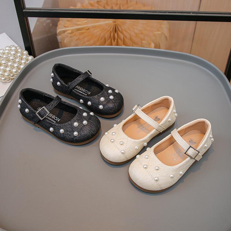 Girls' Black Soft-Soled Leather Mary Janes with Pearls - New 2026 Spring/Autumn Ballet Performance & Casual Shoes