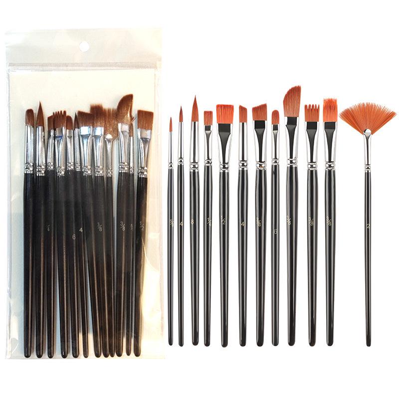 12-Piece Mixed Style Black Handle Brush Set: Short, Nylon Bristle Brushes for Watercolor, Gouache & Oil Painting