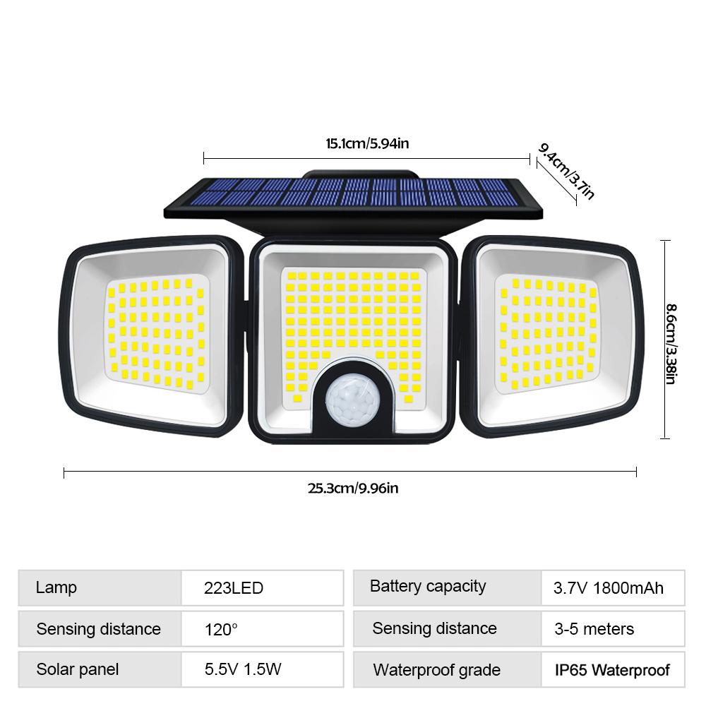 305/222 LED Solar Lights Outdoor Motion Sensor Outdoor Lights Angle Waterproof 3 Heads Solar Security LED Wall Light Yard Patio