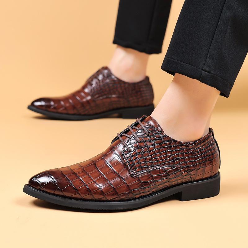 2024 Men's Crocodile Pattern Leather Shoes - Business Formal and Casual, British Korean Style, Pointed Toe, Large Sizes Available