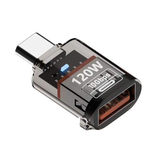 

Адаптер Type-C Male to USB A Female 120 Вт USB 3.2 Gen2 адаптер Двусторонний 10 Гбит/с передача данных Прозрачный корпус адаптер чёрный