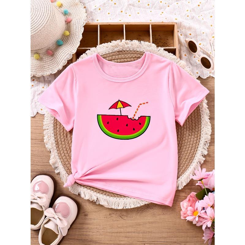 Summer T-Shirt for Girls Featuring a Cute Round Neck Design with a Sweet Watermelon Print Perfect