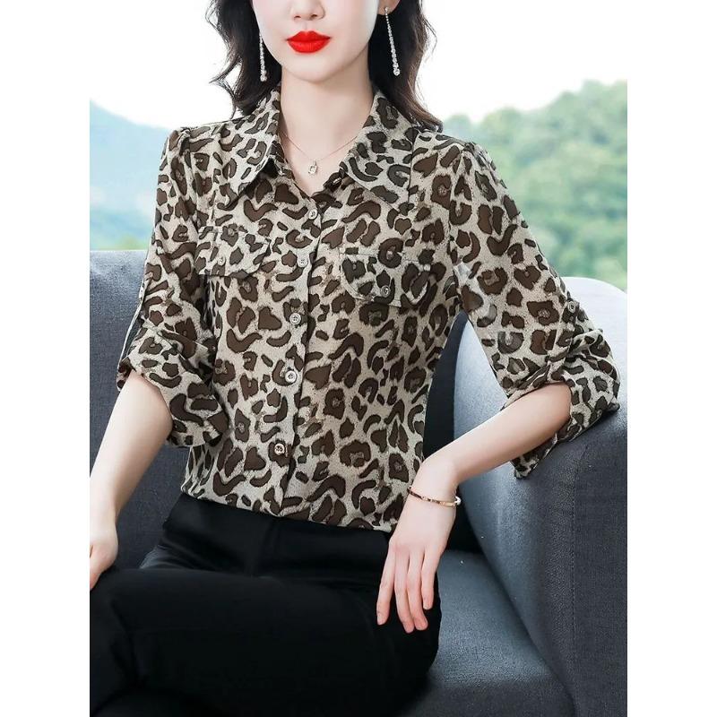 

Women s Leopard Print Button Down Long Sleeve Blouse M коричневый