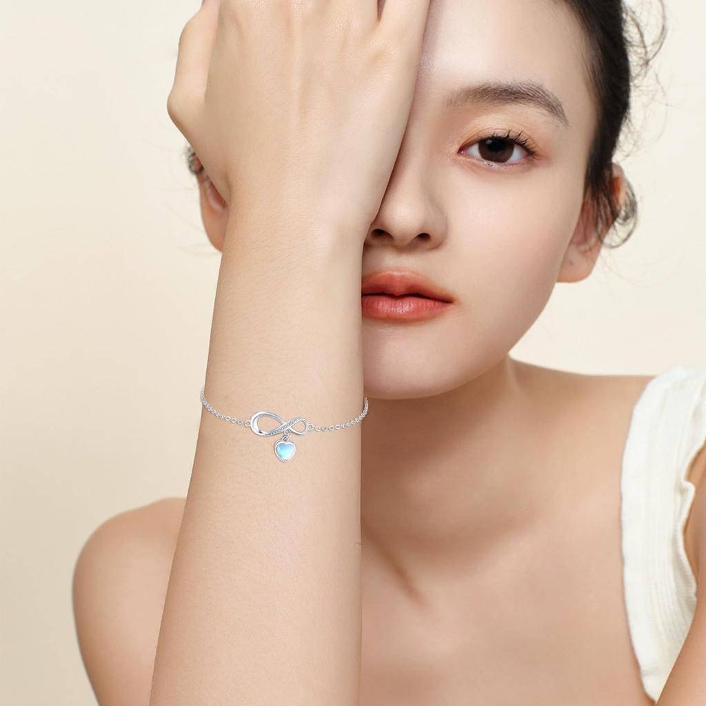 StoryMidir Moonstone Bracelet for 925 Infinite Platinum Silver New White Gift for Anniversary Women, Silver, Hypoallergenic, Love, Finish, 15+5cm,