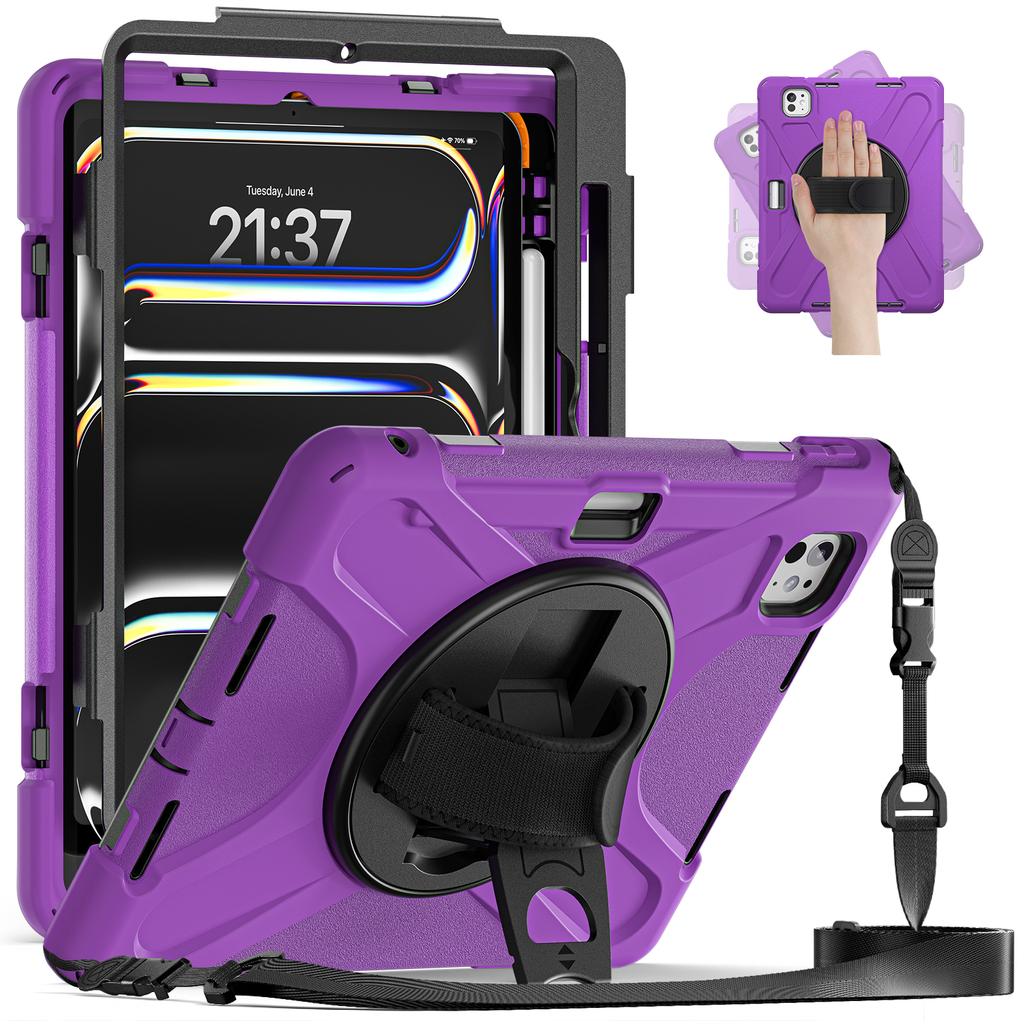 For iPad Pro 11 (2025)/11 (2024) Case PC+Silicone Kickstand Tablet Cover with Hand Strap and Shoulder Strap