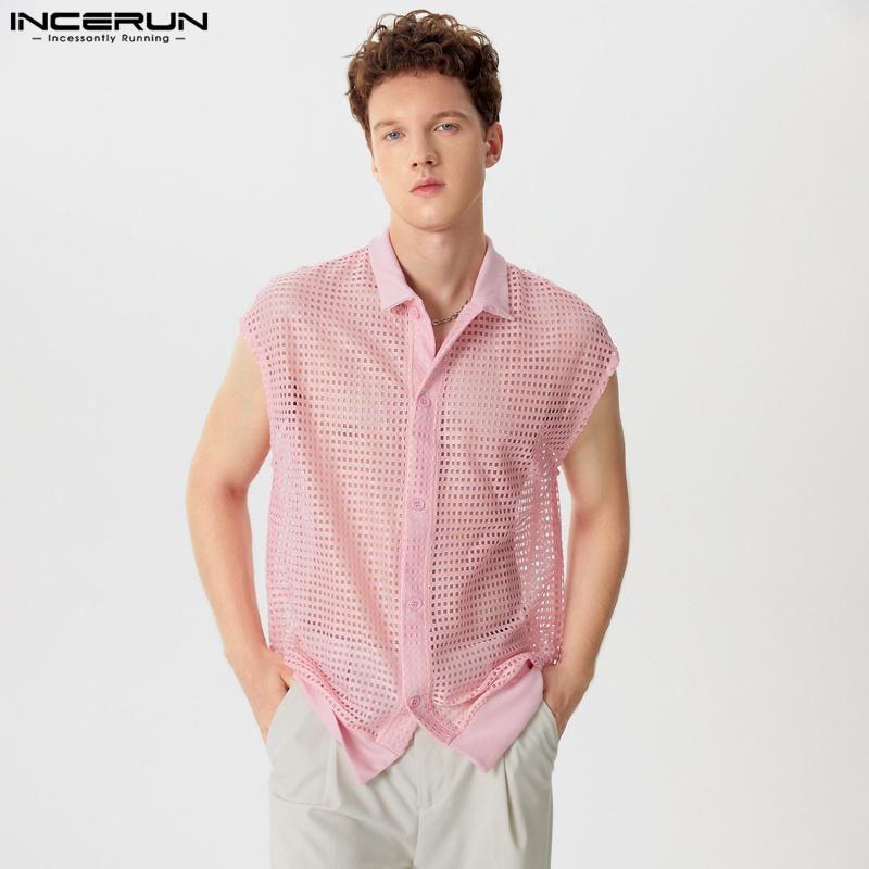 INCERUN Men Summer V Neck Sleeveless Hollow Tank Tops See Through Mesh Vest