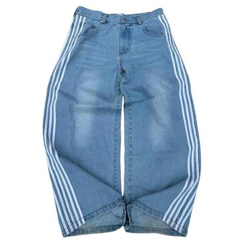 Mens Retro Streetwear Straight Cut Wide Leg Denim Pants With Stripe Detail Water Washed Cotton Blend