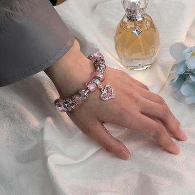 Rosa Herz Anhänger Armreif Mode Kreative Diy Frauen Silber Farbe Armband Liebe Herz Paar Armband