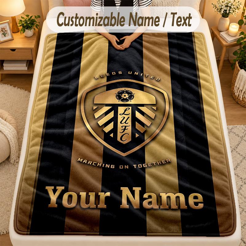 Flannel BlanketLeeds United Custom Name Text Personalized Soft Warm Throw Blanket Home Decor Gift