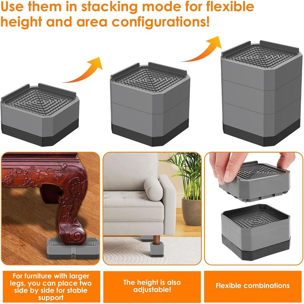 4Pack Bed Risers 3 Inch Stackable Furniture Risers Adjustable Anti-Slip Chair Raisers Heavy Duty Bed Lifter Desk Raising Blocks Table Leg Extenders