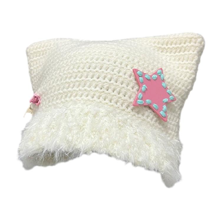 Star Patched Cat Ear Hat Y2K Sweet Girl Čepice Čepice Módní Furry Skull Hat Dámský pulovr Čepice Zimní Neformální pokrývka hlavy
