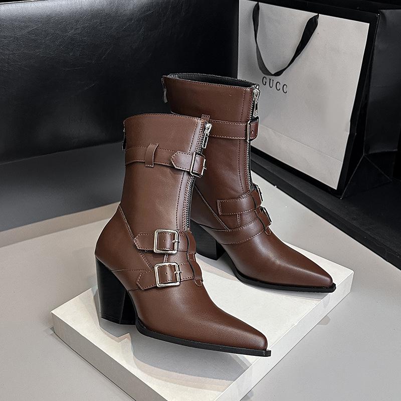 

Кожаные ковбойские сапоги в западном стиле, уличные, на толстом каблуке, полусапоги, женская мода 2024, новые, остроносые, на высоком каблуке, полусапоги на молнии 35 коричневый