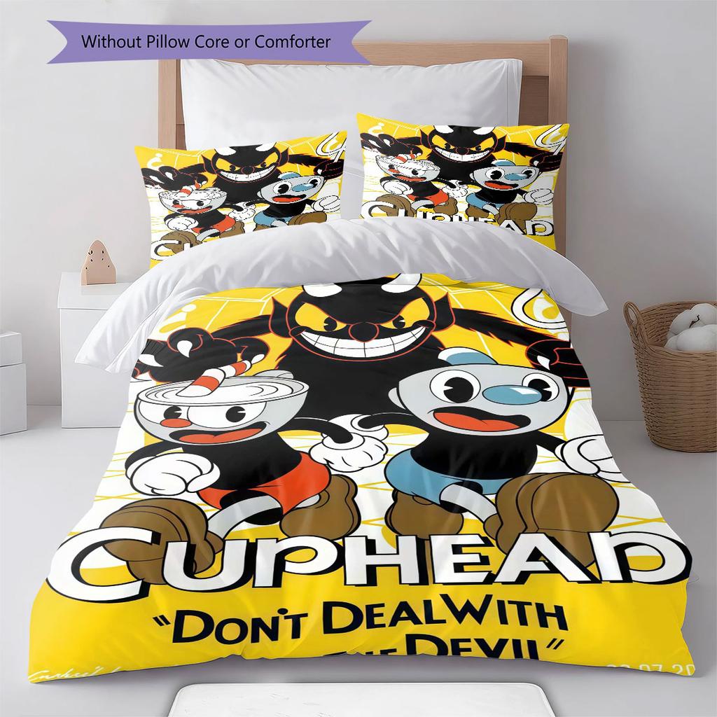 Cuphead Bettwäsche Steppbett Set Bettbezug Kissenbezug Heimdekoration Geburtstagsgeschenk (1 Bettbezug + 2 Kissenbezüge, ohne Füllung)