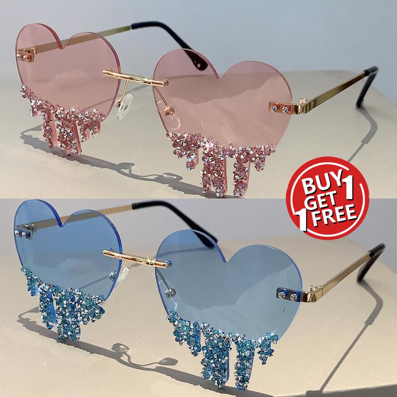 1/2 Pairs Heart Shaped Sunglasses with Rhinestones Women Fashion Rimless Rave Shades Trendy Original Design Sun Glasses