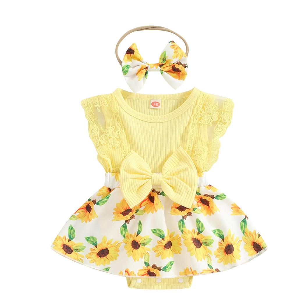 Baby Girl Summer Jumpsuit 3 6 12 18 Months Floral Print Lace Patchwork Romper Dress and Headband Set Cute Fashion Clothes Outfits