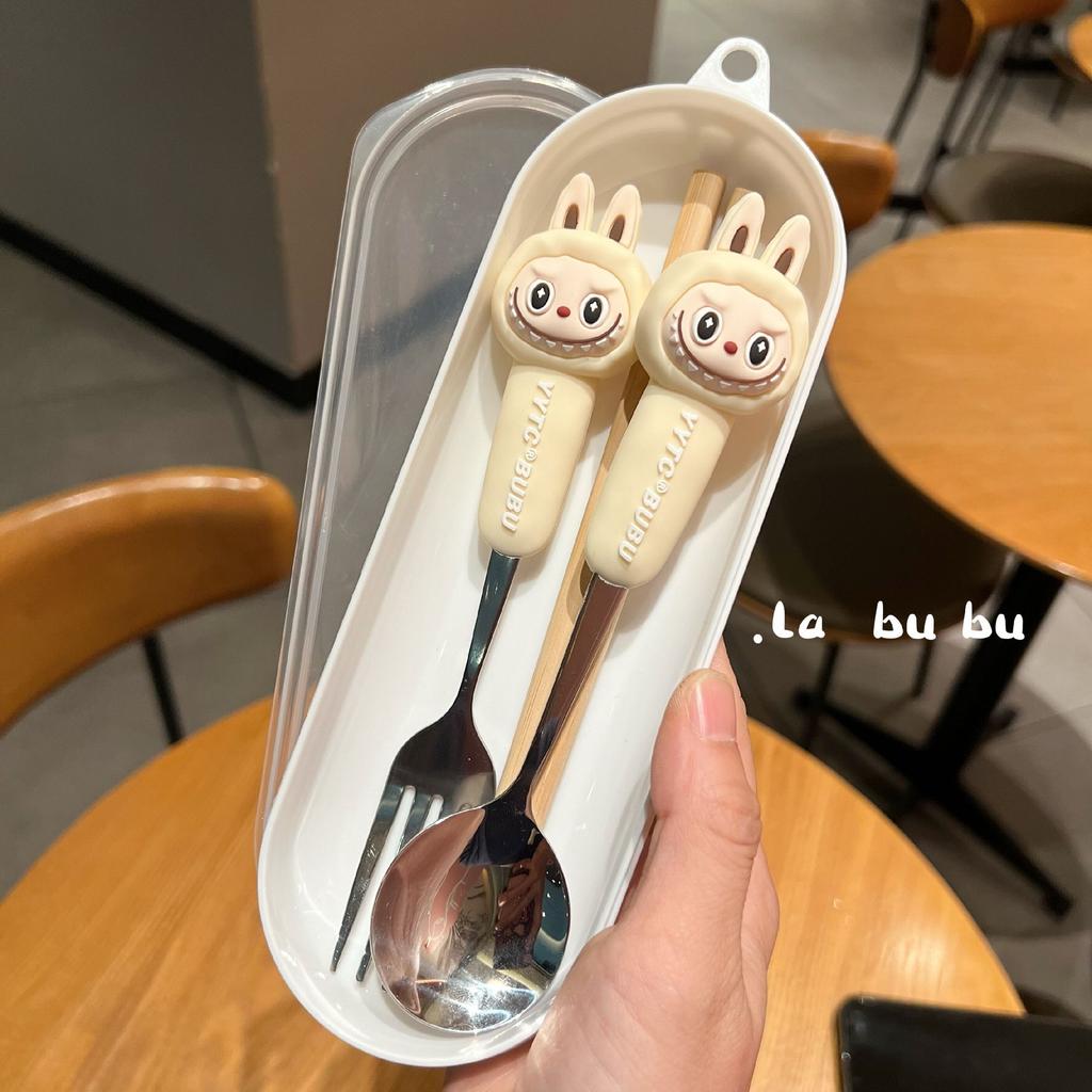 Cute 304 Stainless Steel Forks, Spoons and Chopsticks Cartoon Student and Children's Convenient Tableware Set