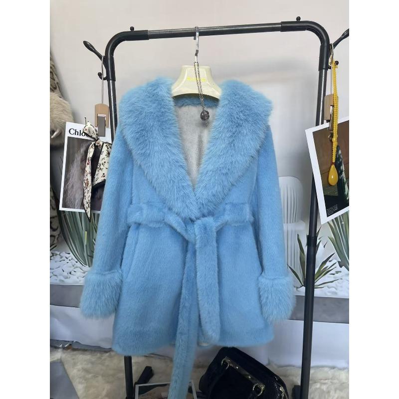 2025 New Big Fur Collar Long Slim Jacket Mink Imitation Fox Fur Plush Coat High Fashion Version