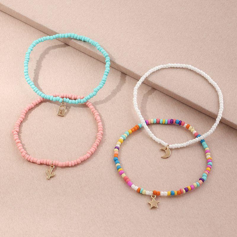 4 Pcs/set Bohemian Anklet Foot Jewelry Colored Glass Rice Beads Handmade Beaded Stars Moon Lock Elastic Bracelet For Women Legs