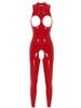 Catsuit en cuir verni brillant pour femmes, bonnets ouverts, body sans entrejambe, col montant, sans manches, slim, Clubwear
