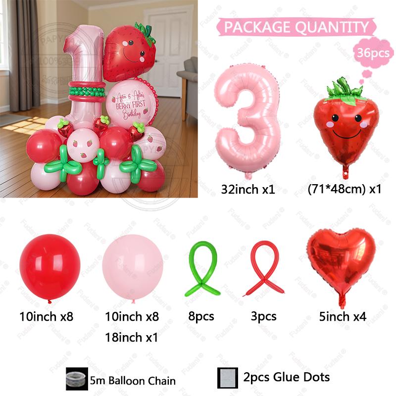 36pcs Smiling Strawberry Balloon Pink Number Birthday Balloon Set Fruit Theme Children's Party Decoration Festival Supplies