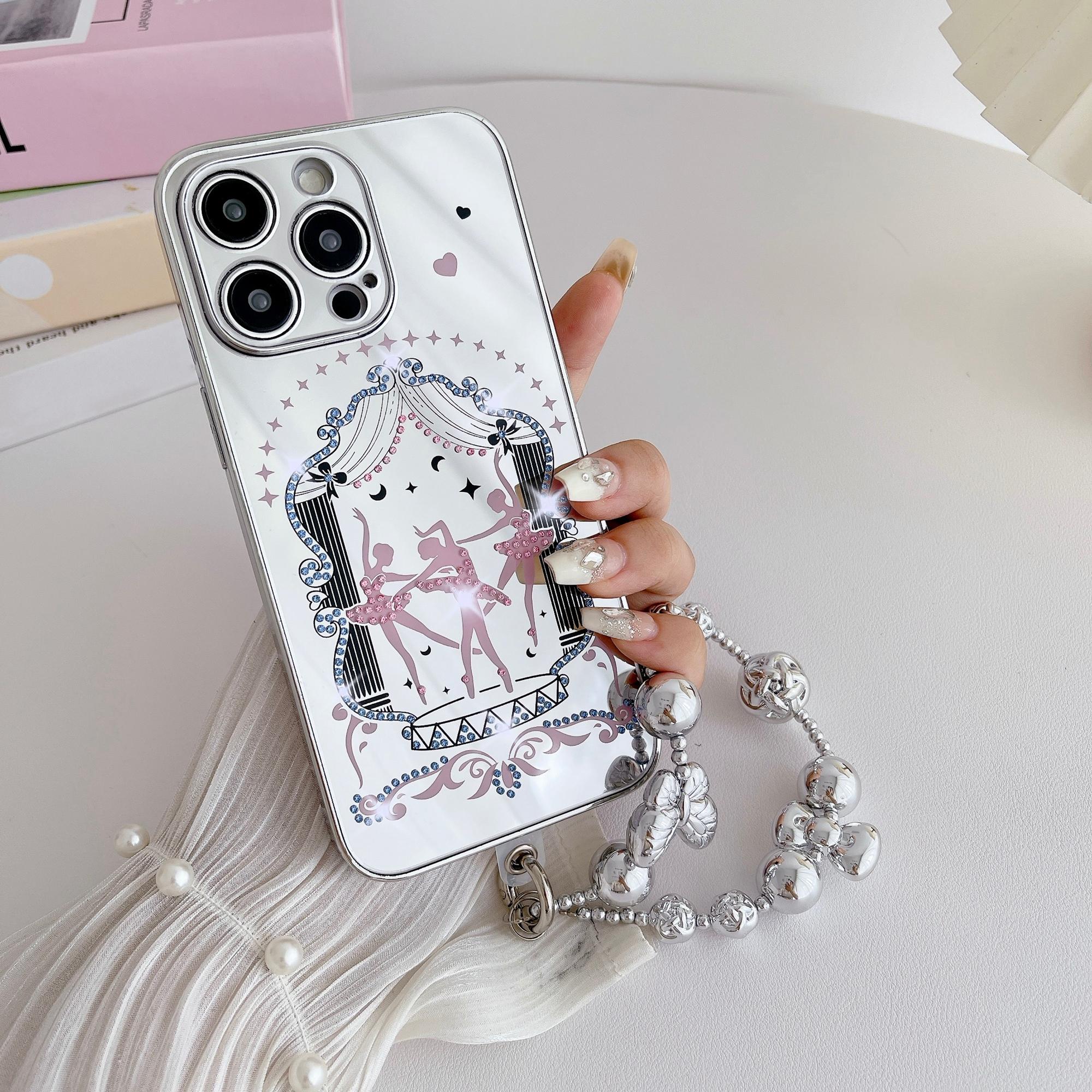 

For iPhone 15 Pro Case IMD Silver Finish TPU+PC Rhinestones Decor Phone Cover with Bracelet Chain C