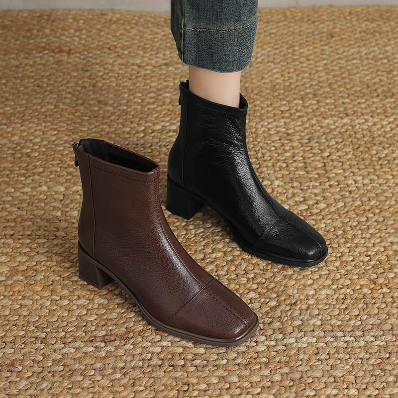 Krazing Pot Sheepskin Autumn Winter Shoes Thick Heels Size 42 Square Toe Zipper Vintage Ankle Boots