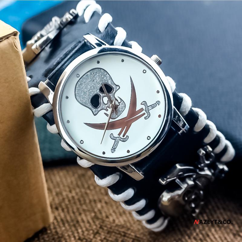 

Men s Punk Skull Leather Belt Quartz Watch with Flip-Up Design