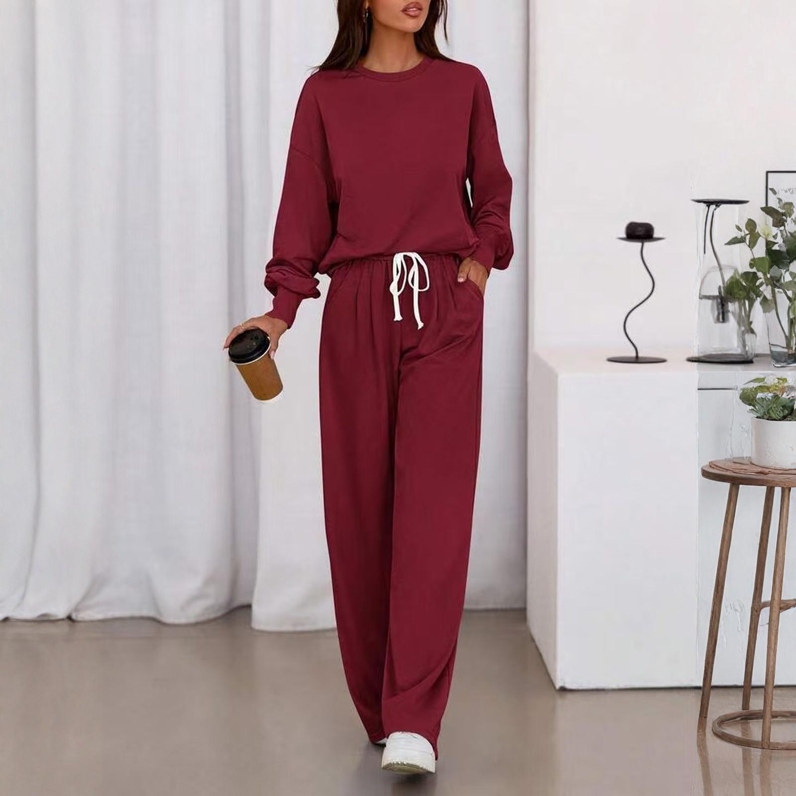 

Fashion Women s Casual Suit Long Sleeved Casual Wide Leg Pants Set XL винний