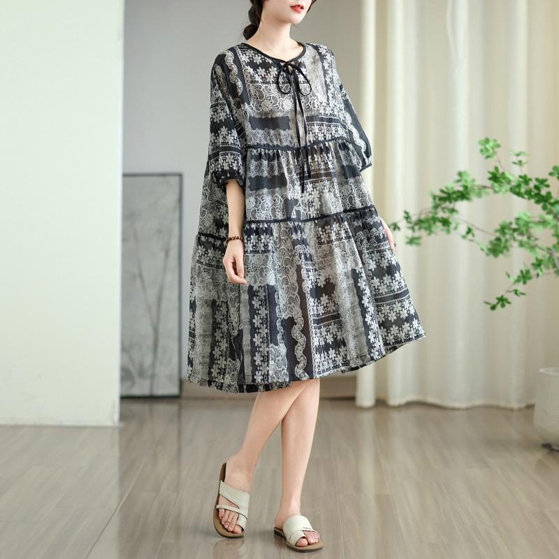 Krótki rękaw Plus rozmiar Bawełna vintage kwiatowe nowe sukienki dla kobiet swobodna luźna sukienka midi letnia