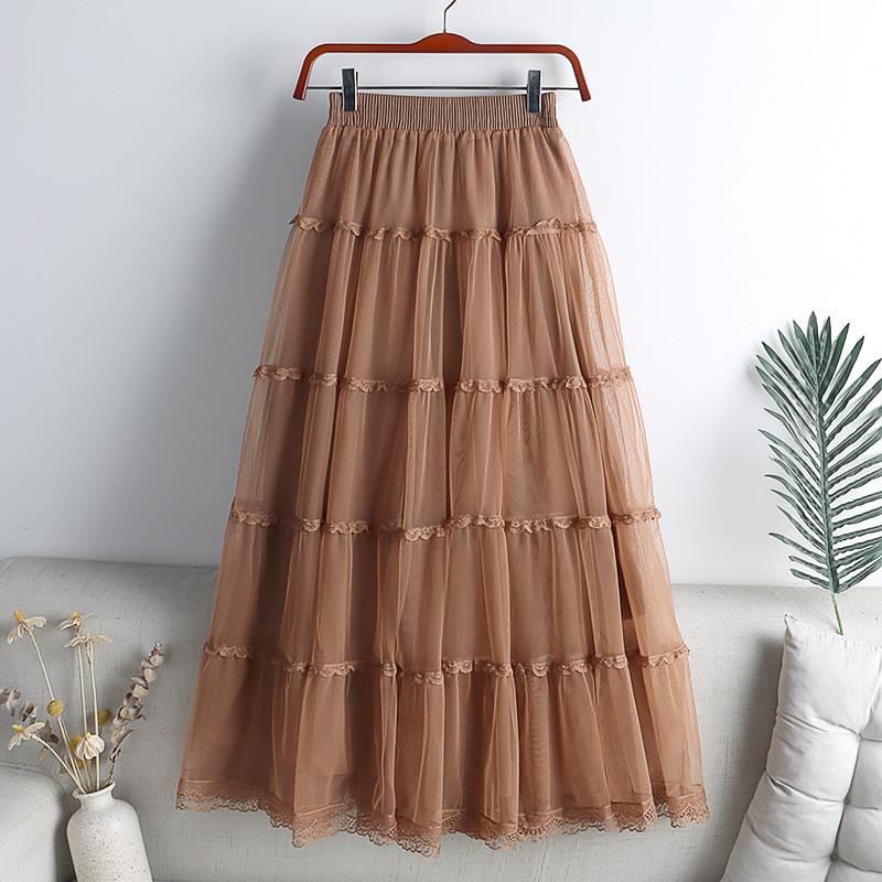

Qooth Women Casual Solid Color Lace Tulle Skirt Elegant Elastic Waist Cake Mesh A-line Skirt For Spring Summer QT2427 One Size