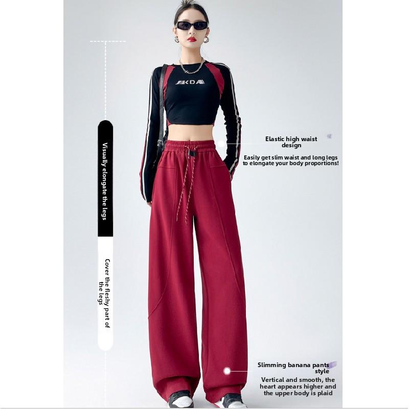 Curved Hem Women'S Fall/Winter Fleece-Lined High-Waisted Drawstring Straight Banana Sweatpants With Draped Effect And Narrow Wide Legs