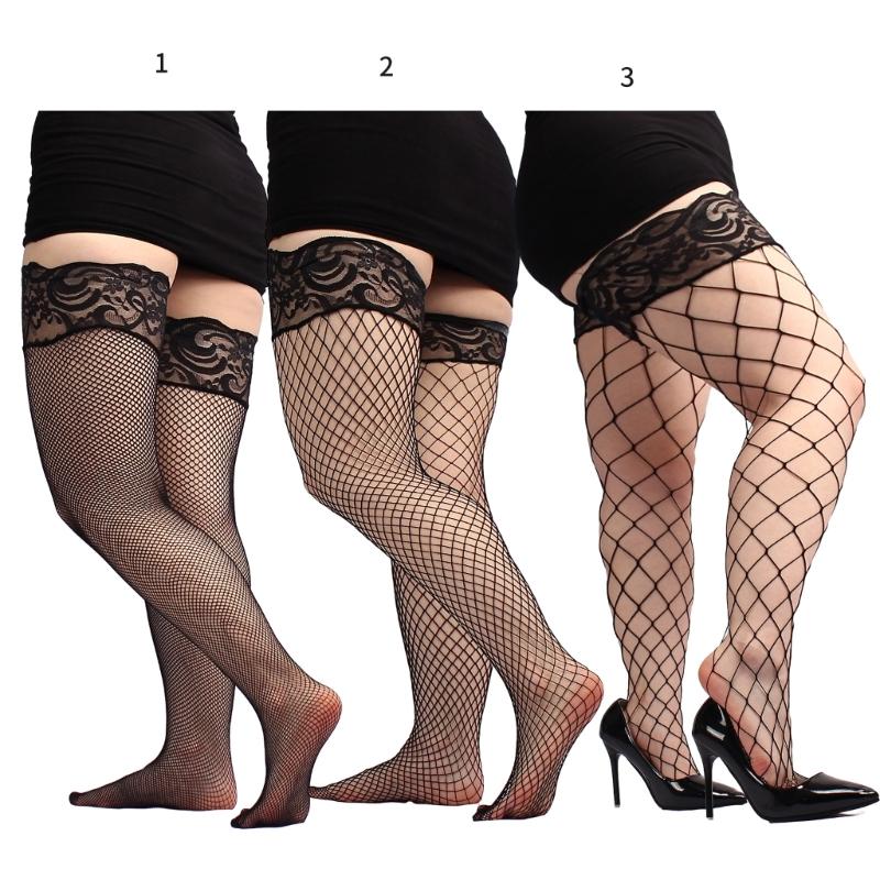 Women Black Fishnet Thigh High Socks Elastic Hollow Out Dress Trouser Mesh Net Tights Stockings Over The Knee Stockings