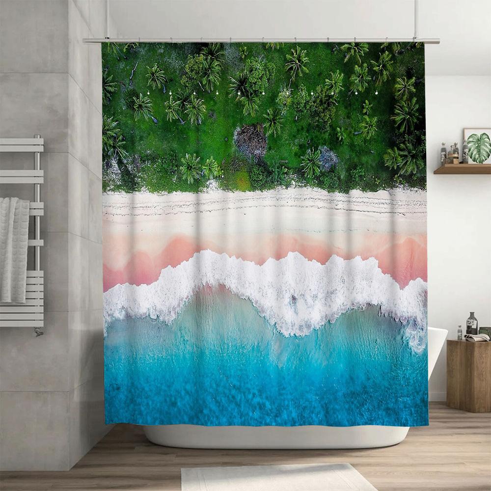 Ozeanwelle Duschvorhang Küstenblau Strand-Thema Badezimmerdekoration Meereslandschaft Wasserdichtes Gewebe Moderner Stil Wohnkultur