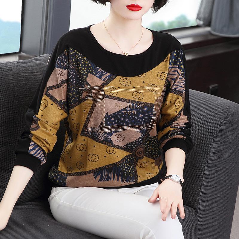 

Women s Long-sleeved T-shirt Casual Crew Neck Boho Printed Pullover Tops 4XL жовтий