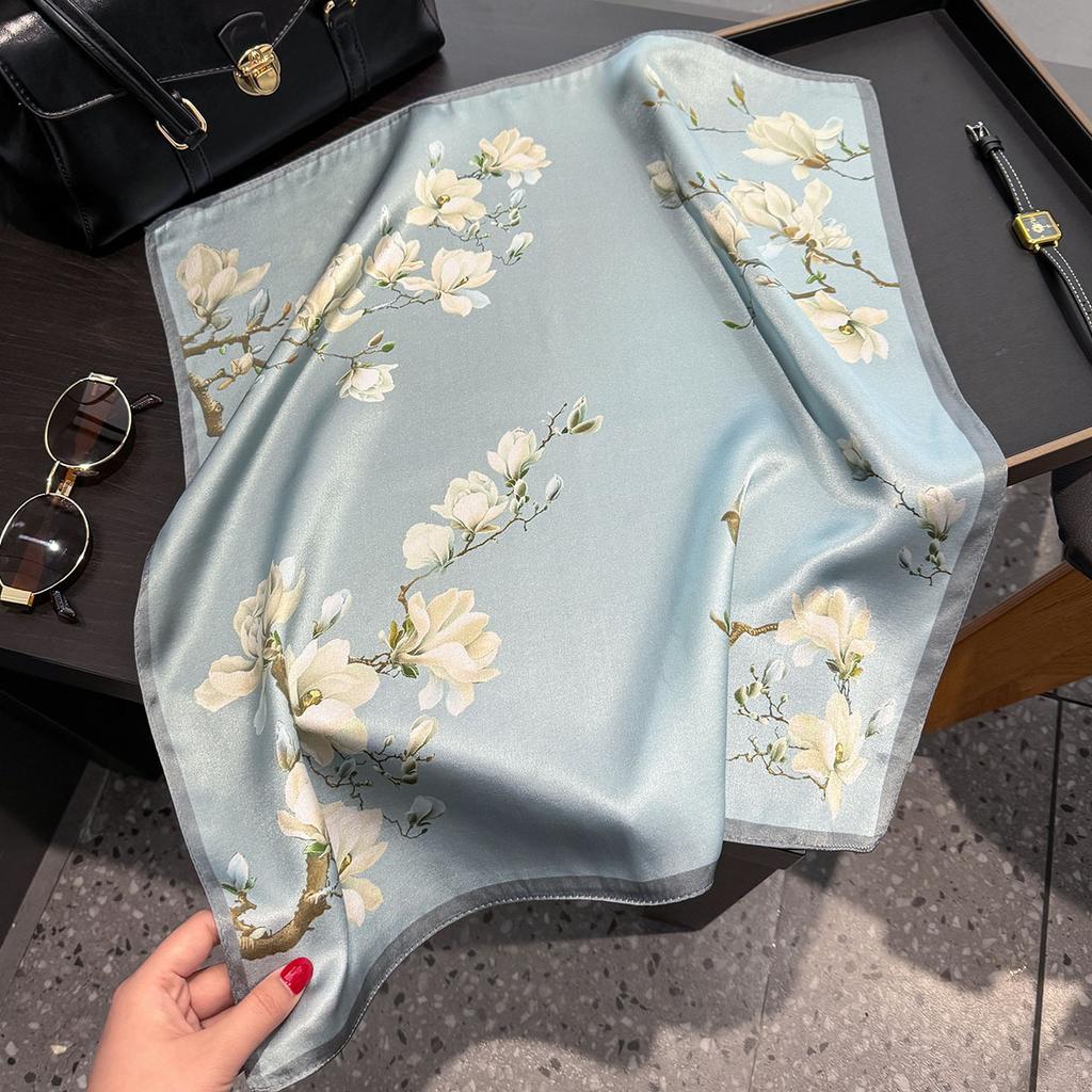 100% Silk Scarf Plum Blossom Pattern Square Scarves for Women Wrap Kerchief Mulberry Silk Bandana Fashion Luxury Headband Hijab