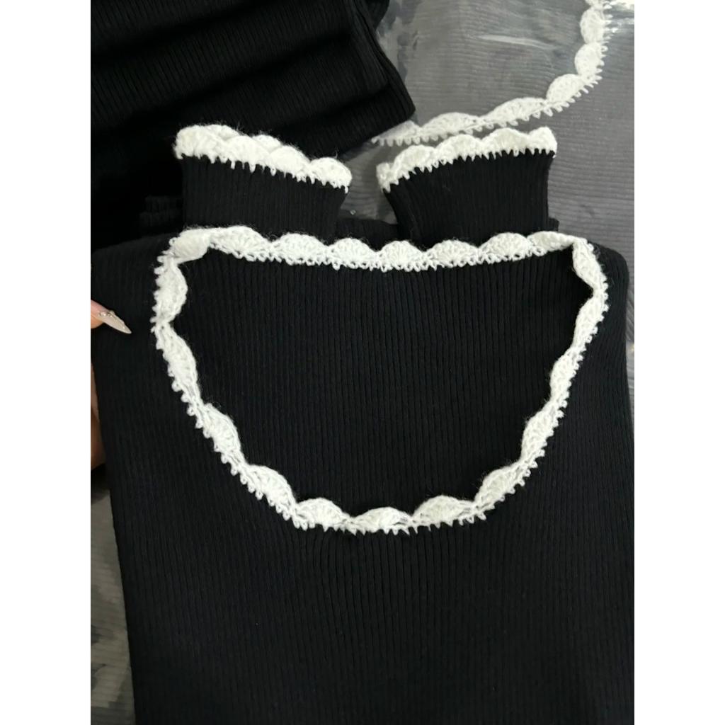 Lace Contrast Low Neck Slim Bottom Top Women's Autumn and Winter Sweet Spice Girl with Skinny Knitted Sweater Sweater