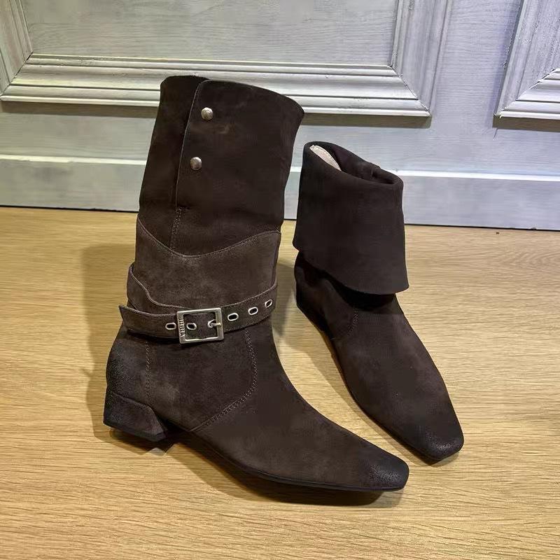 Sheepskin version~ Retro belt buckle small square head folded two wear medium boots western cowboy boots women's thick heel knight boots
