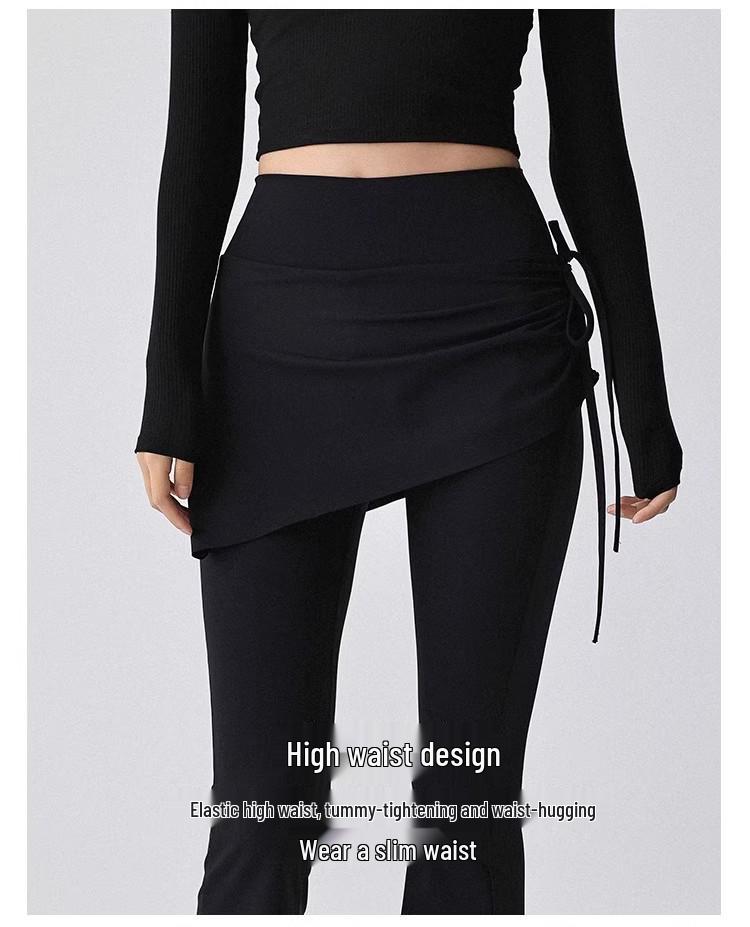 Women's High Waist Slim Fit Flared Yoga Pants - Faux Two-Piece Style with Side Drawstring for Hip Coverage