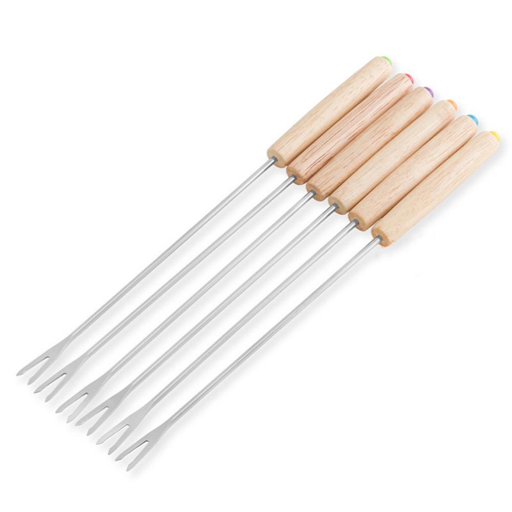 6Pcs/set Stainless Steel Chocolate Fork Hot Pot Forks Wooden Cheese Fruit Dessert Fork Fondue Melting Skewer Kitchen Accessories