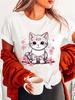 Cute Cat and Cherry Blossom Print Round Neck T-shirt Casual Short Sleeved Japanese T-shirt Suitable for Summer Women's Clothing