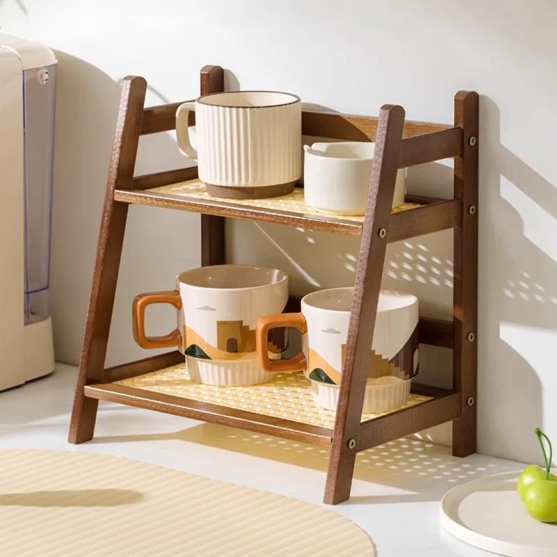 Countertop Organizer 2 Layer Coffee Cup Holder Multipurpose Bamboo Storage Shelf for Hotel Apartment Dressing Table Kitchen Home