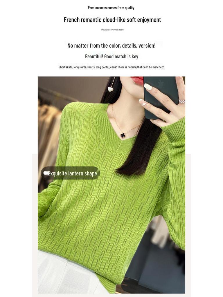 Summer 2025 Women's Plus Size V-Neck Long Sleeve Hollow Out Knit Sweater Cardigan Blouse