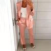 Damen Satin- und Hosen-Set - Langärmelige Reversjacke mit elastischer Taille Stoffhose für Business Casual