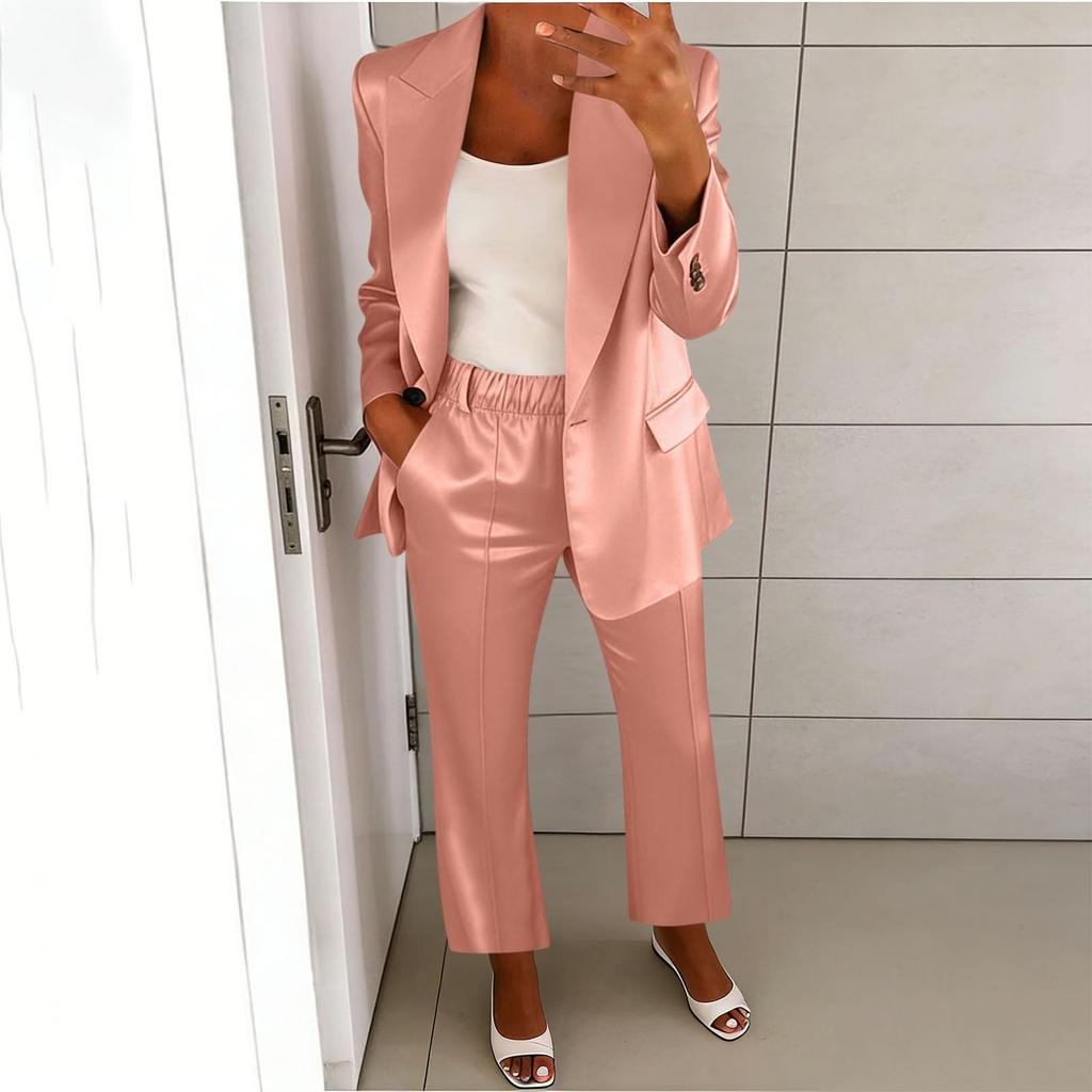 Damen Satin- und Hosen-Set - Langärmelige Reversjacke mit elastischer Taille Stoffhose für Business Casual